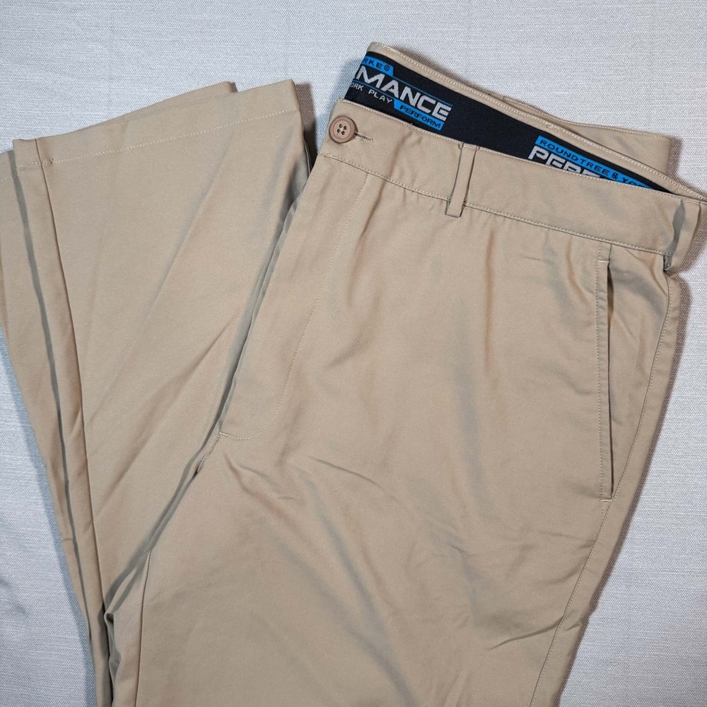 Roundtree & Yorke Performance Khaki Pants Mens 44x32 Tan Chino Straight Leg